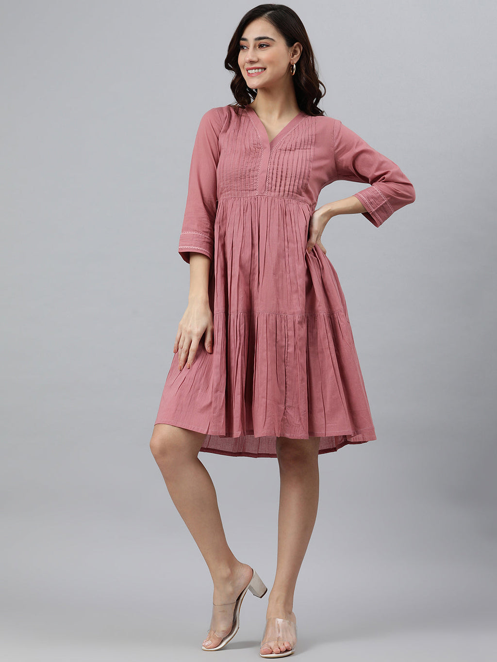 Janasya Women's Coral Pink Cotton Solid Flared Western Dress