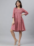 Janasya Women's Coral Pink Cotton Solid Flared Western Dress