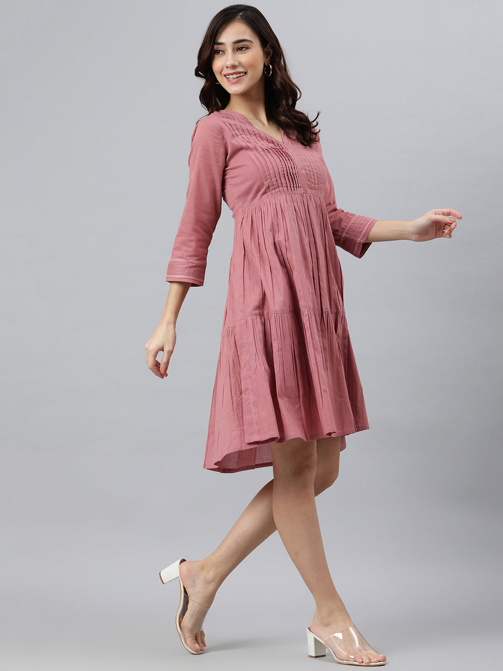 Janasya Women's Coral Pink Cotton Solid Flared Western Dress