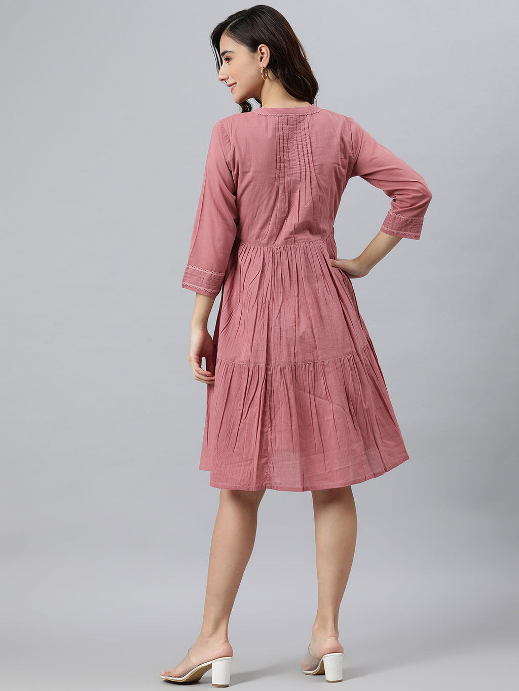 Janasya Women's Coral Pink Cotton Solid Flared Western Dress