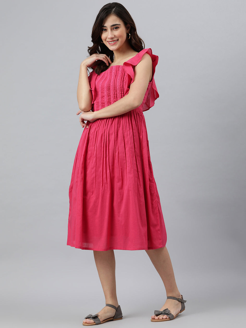 Janasya Women's Pink Cotton Solid Flared Western Dress