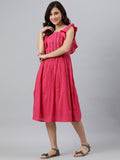 Janasya Women's Pink Cotton Solid Flared Western Dress