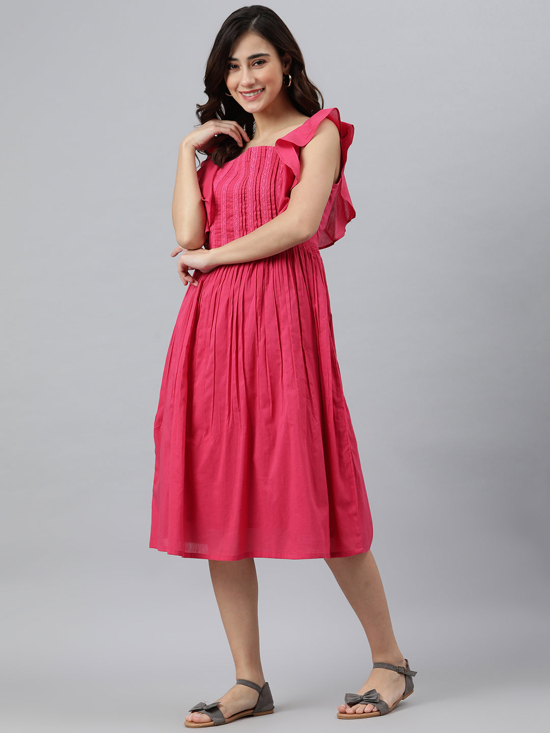 Janasya Women's Pink Cotton Solid Flared Western Dress