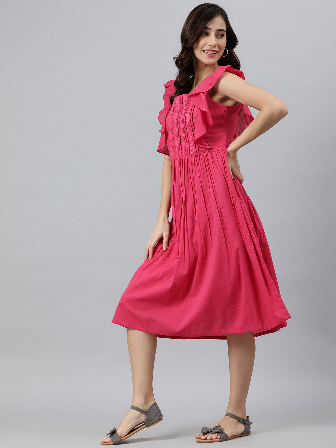 Janasya Women's Pink Cotton Solid Flared Western Dress