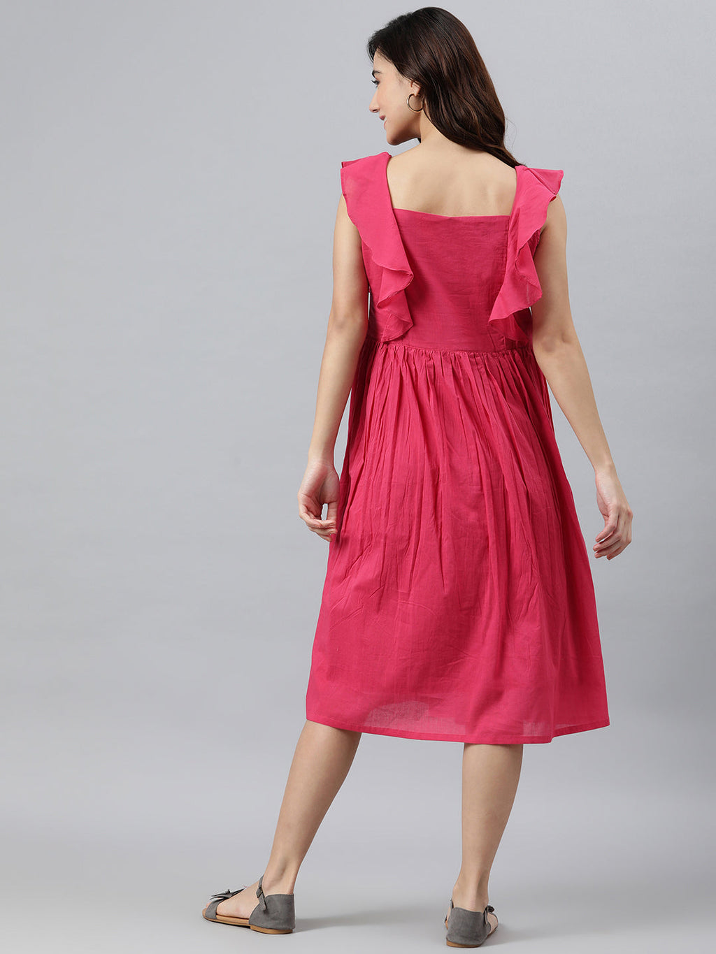 Janasya Women's Pink Cotton Solid Flared Western Dress