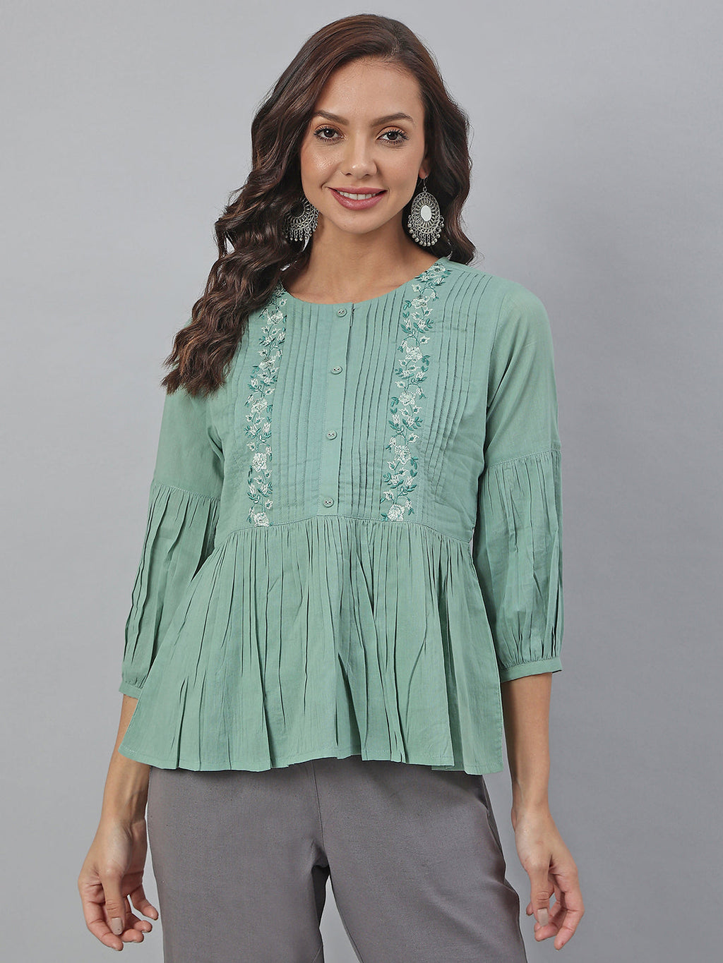 Janasya Women's Sea Green Cotton Embroidered A-Line Top