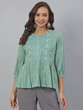 Janasya Women's Sea Green Cotton Embroidered A-Line Top