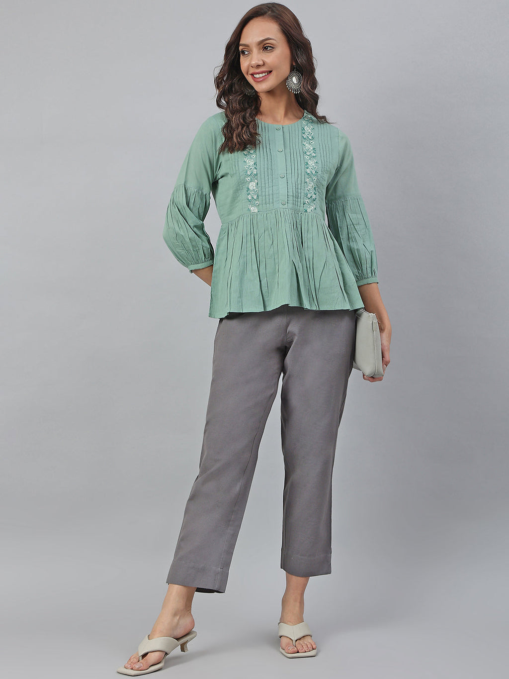 Janasya Women's Sea Green Cotton Embroidered A-Line Top