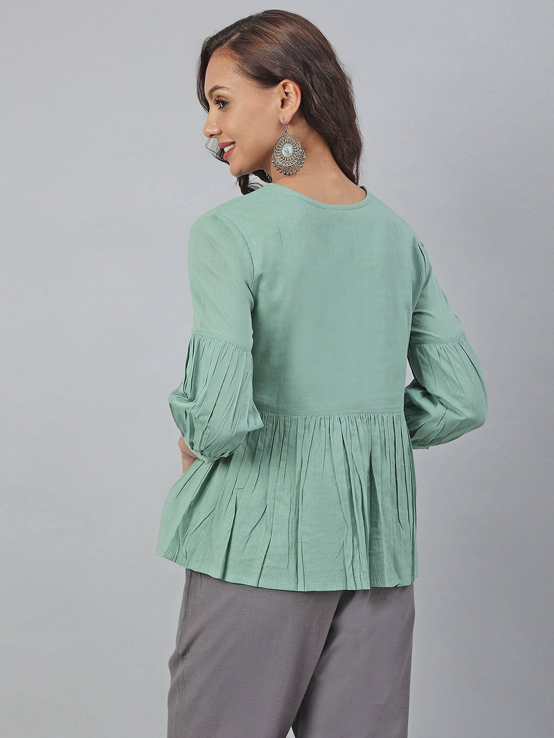 Janasya Women's Sea Green Cotton Embroidered A-Line Top