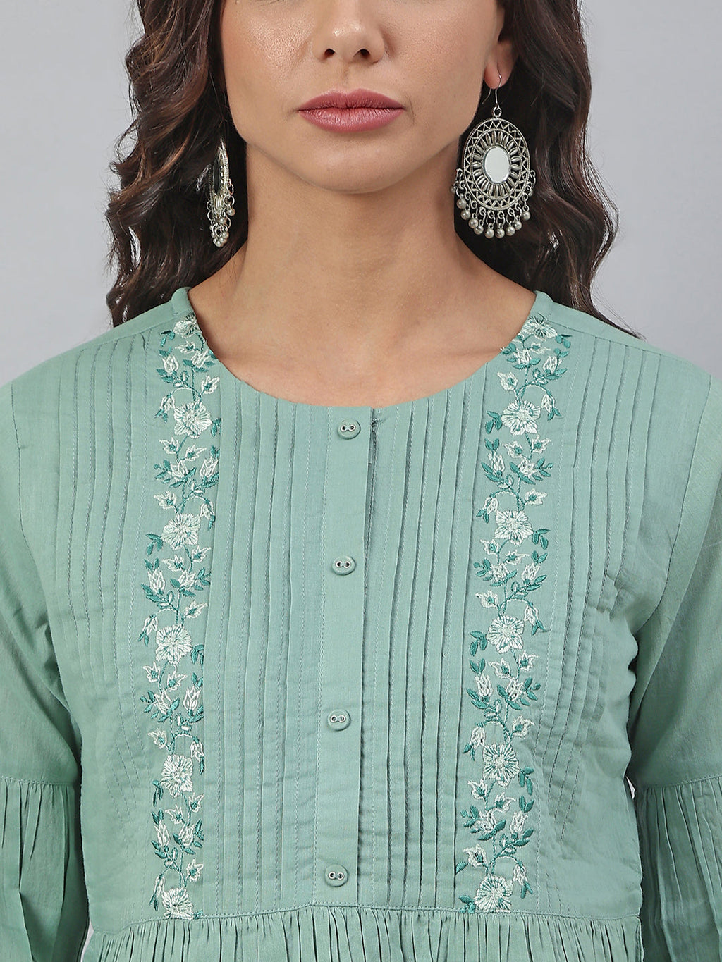 Janasya Women's Sea Green Cotton Embroidered A-Line Top