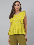 Janasya Women's Yellow Cotton Embroidered Peplum Top