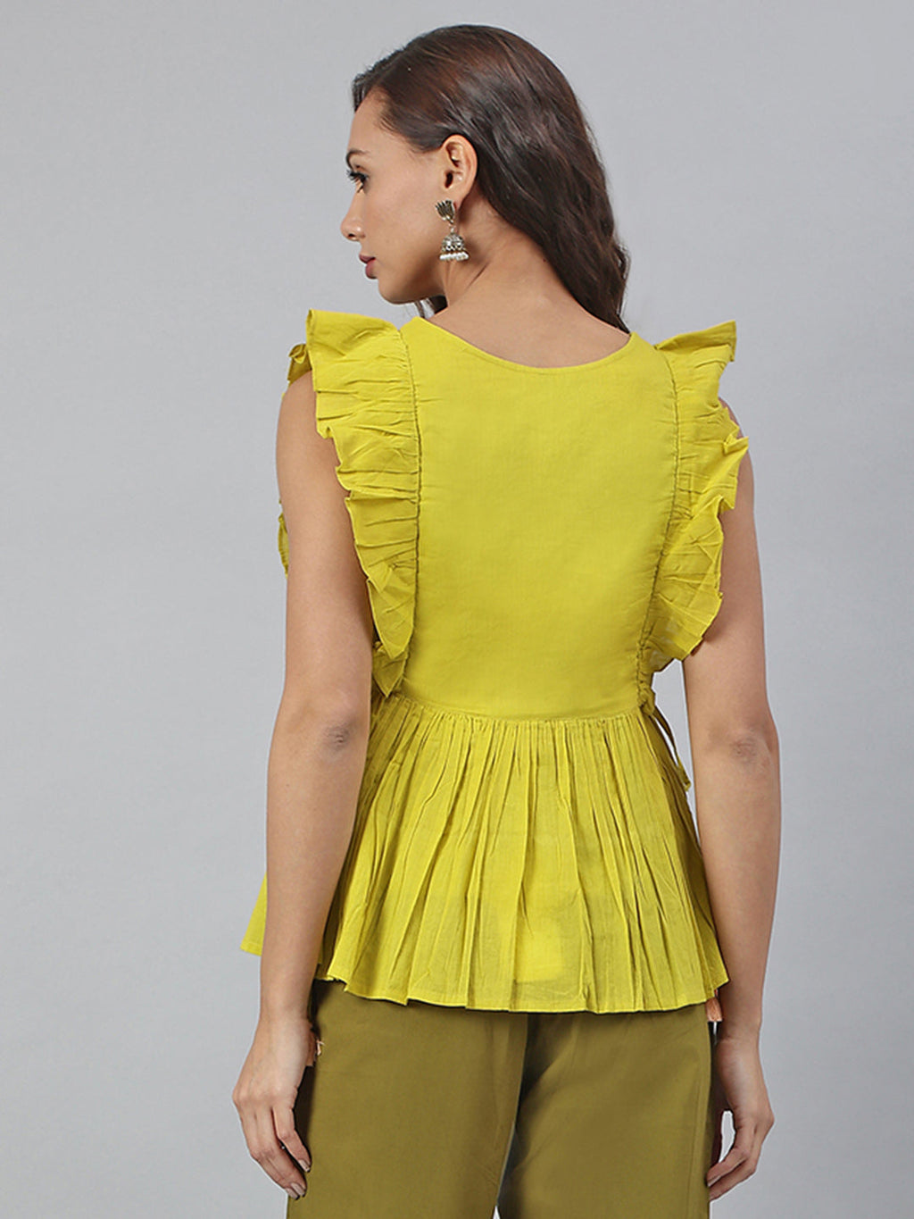 Janasya Women's Yellow Cotton Embroidered Peplum Top