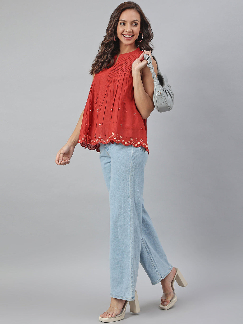 Janasya Women's Maroon Cotton Embroidered A-Line Top