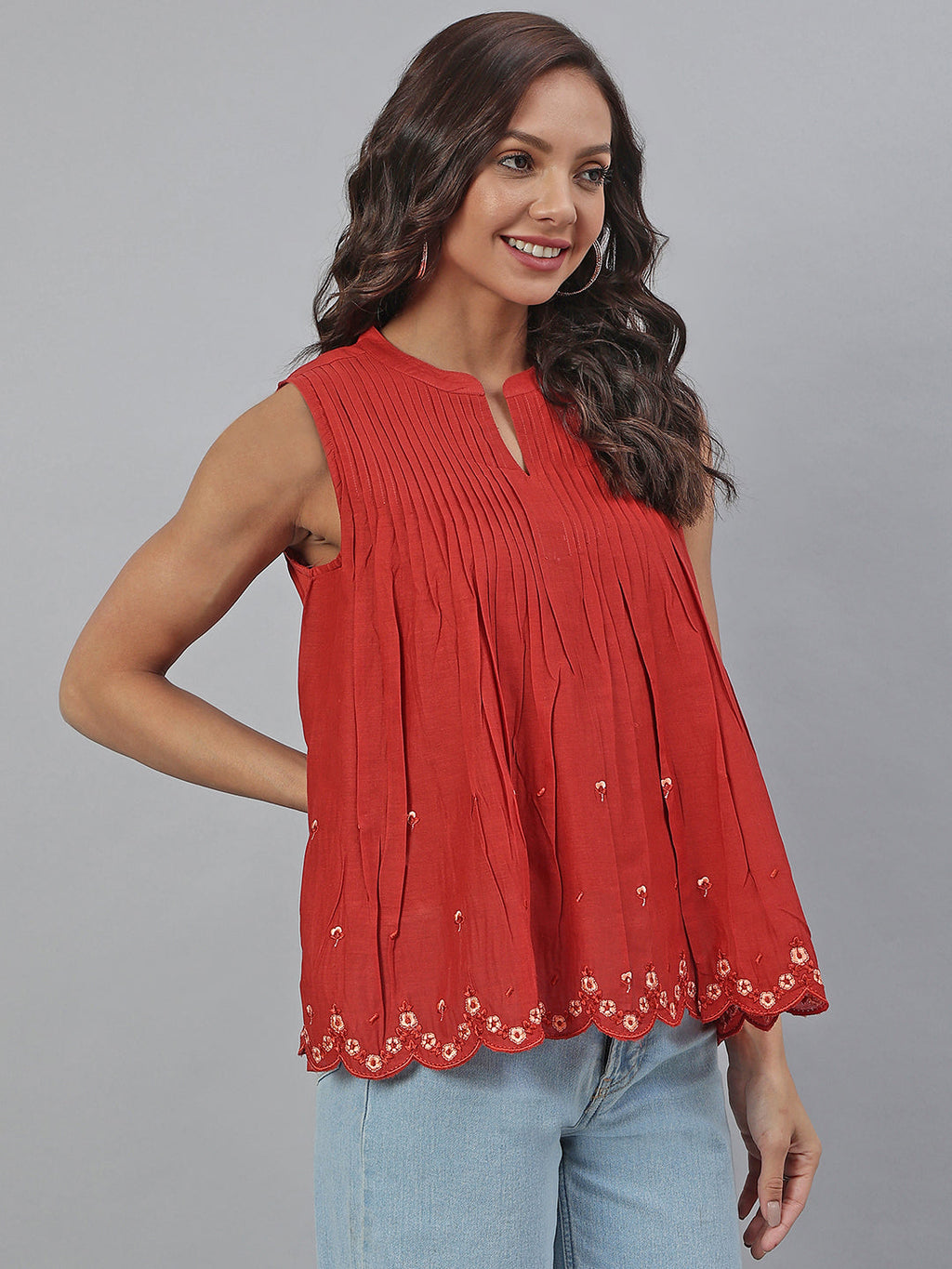 Janasya Women's Maroon Cotton Embroidered A-Line Top