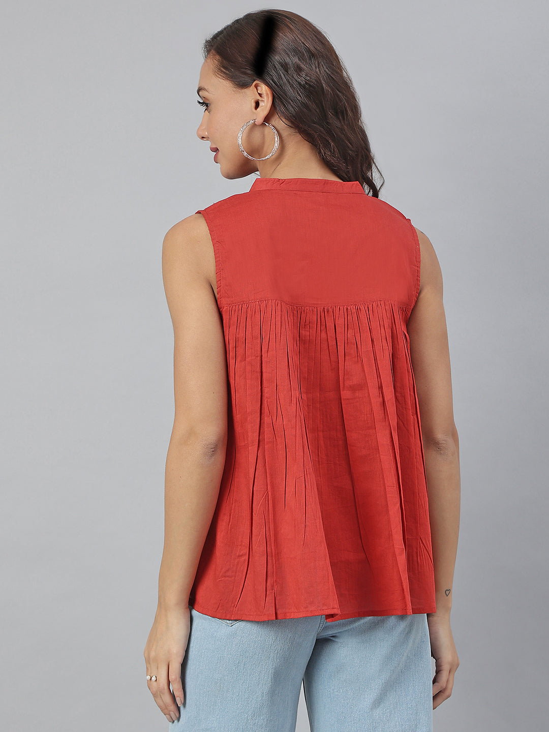 Janasya Women's Maroon Cotton Embroidered A-Line Top