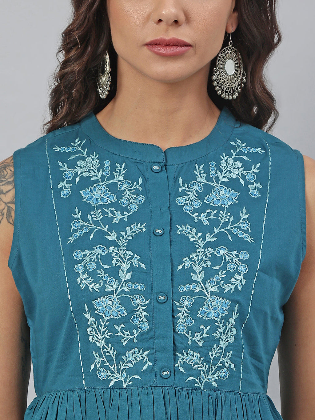 Janasya Women's Teal Cotton Embroidered Flared Top