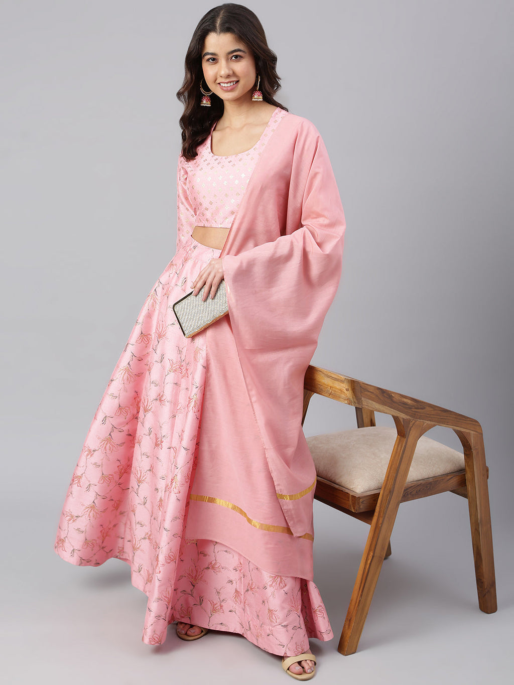 Janasya Women's Pink Poly Silk Gold Print Lehenga Choli With Dupatta