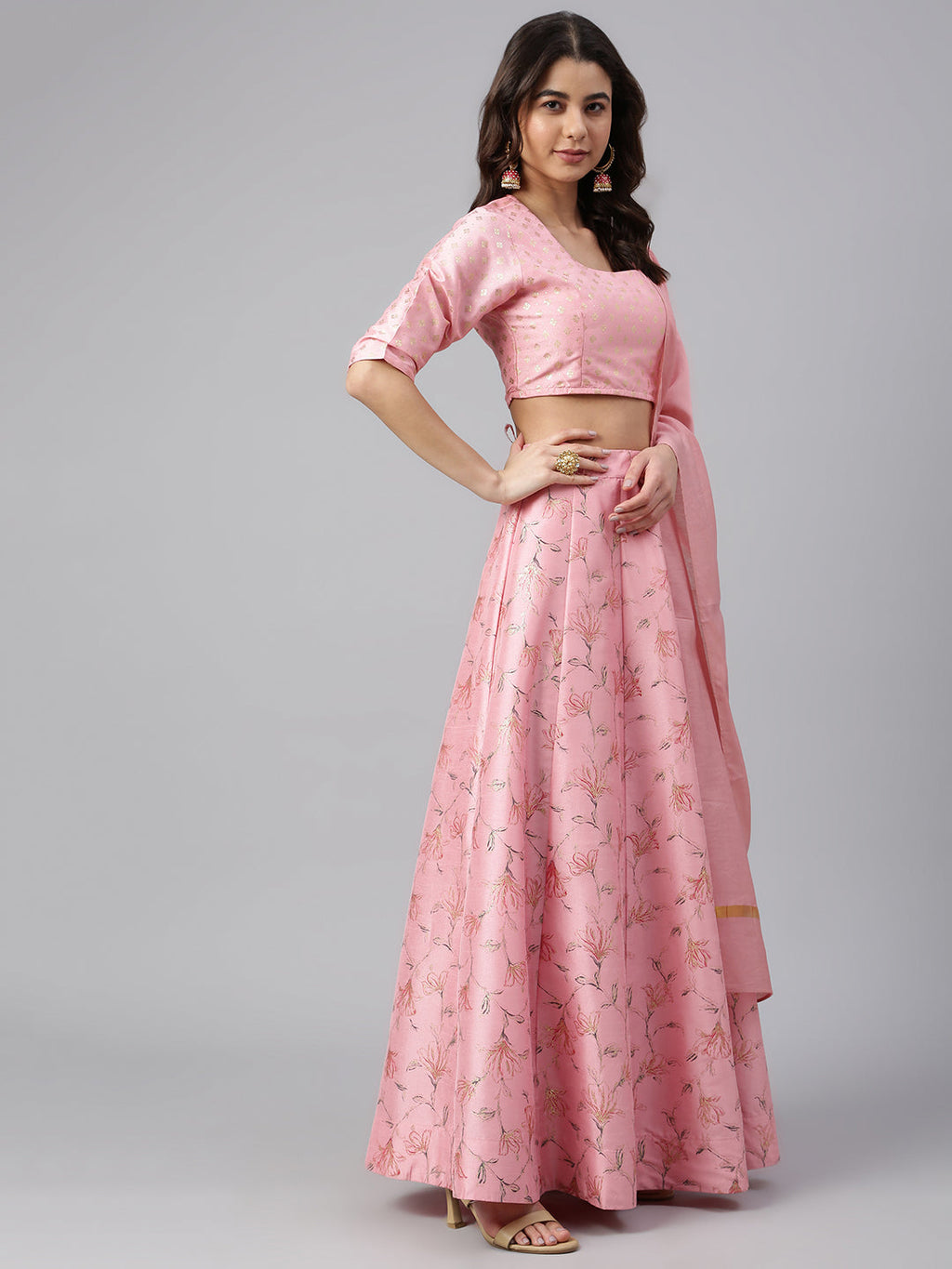 Janasya Women's Pink Poly Silk Gold Print Lehenga Choli With Dupatta