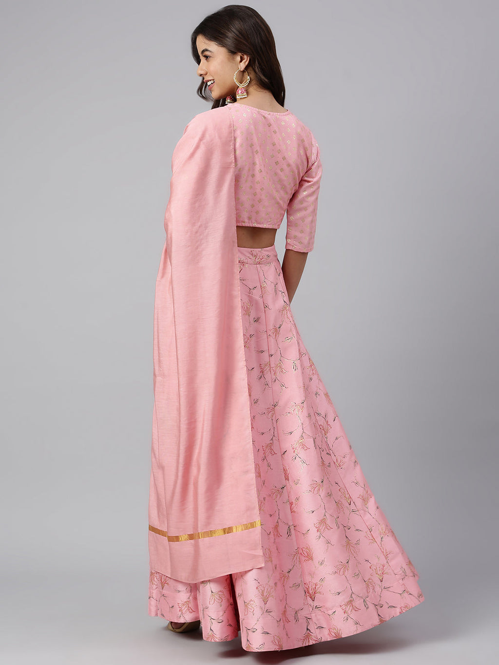 Janasya Women's Pink Poly Silk Gold Print Lehenga Choli With Dupatta