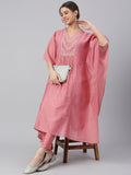 Janasya Women's Rose Red Polyester Solid Kurta With Pant