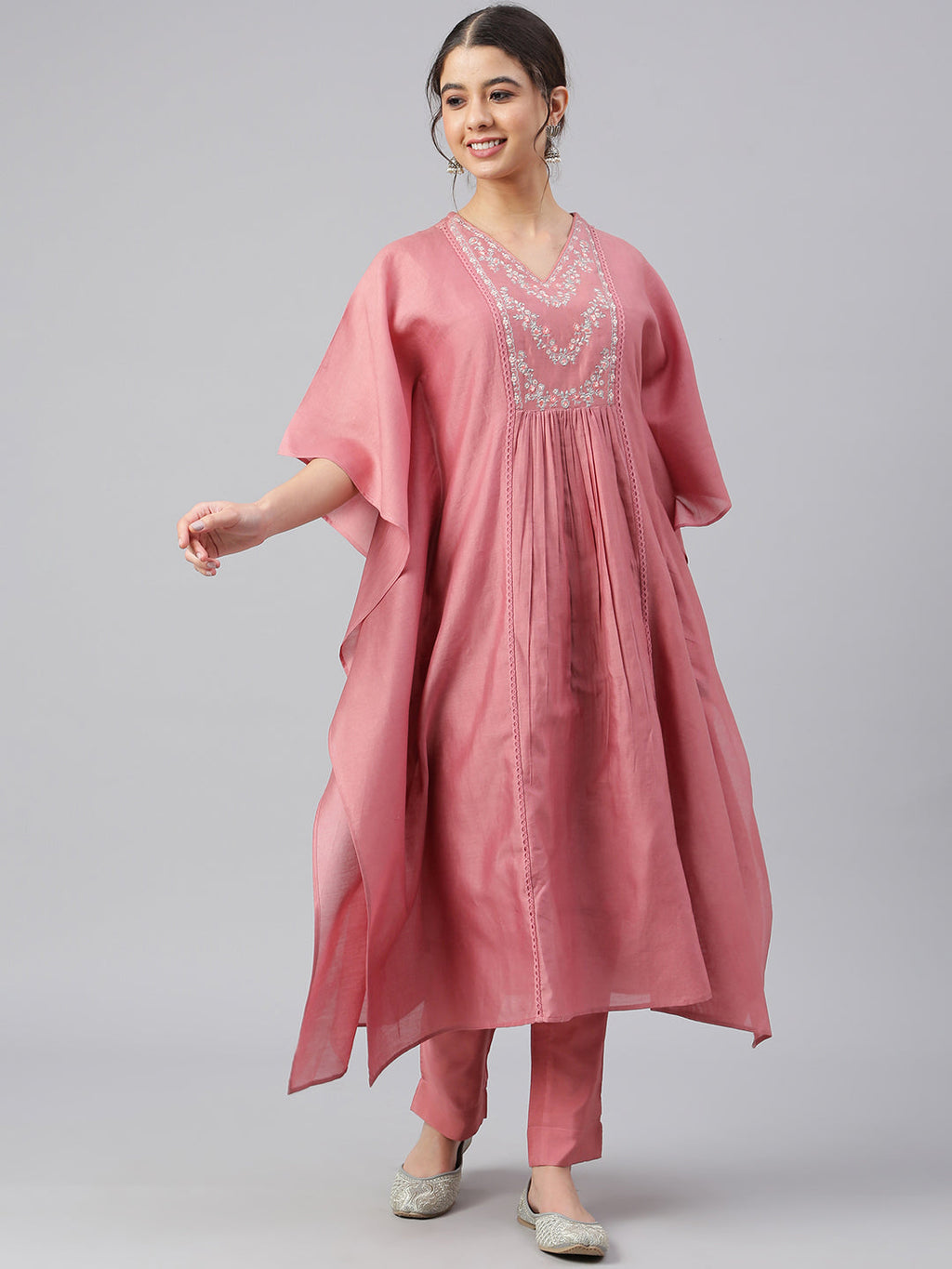 Janasya Women's Rose Red Polyester Solid Kurta With Pant