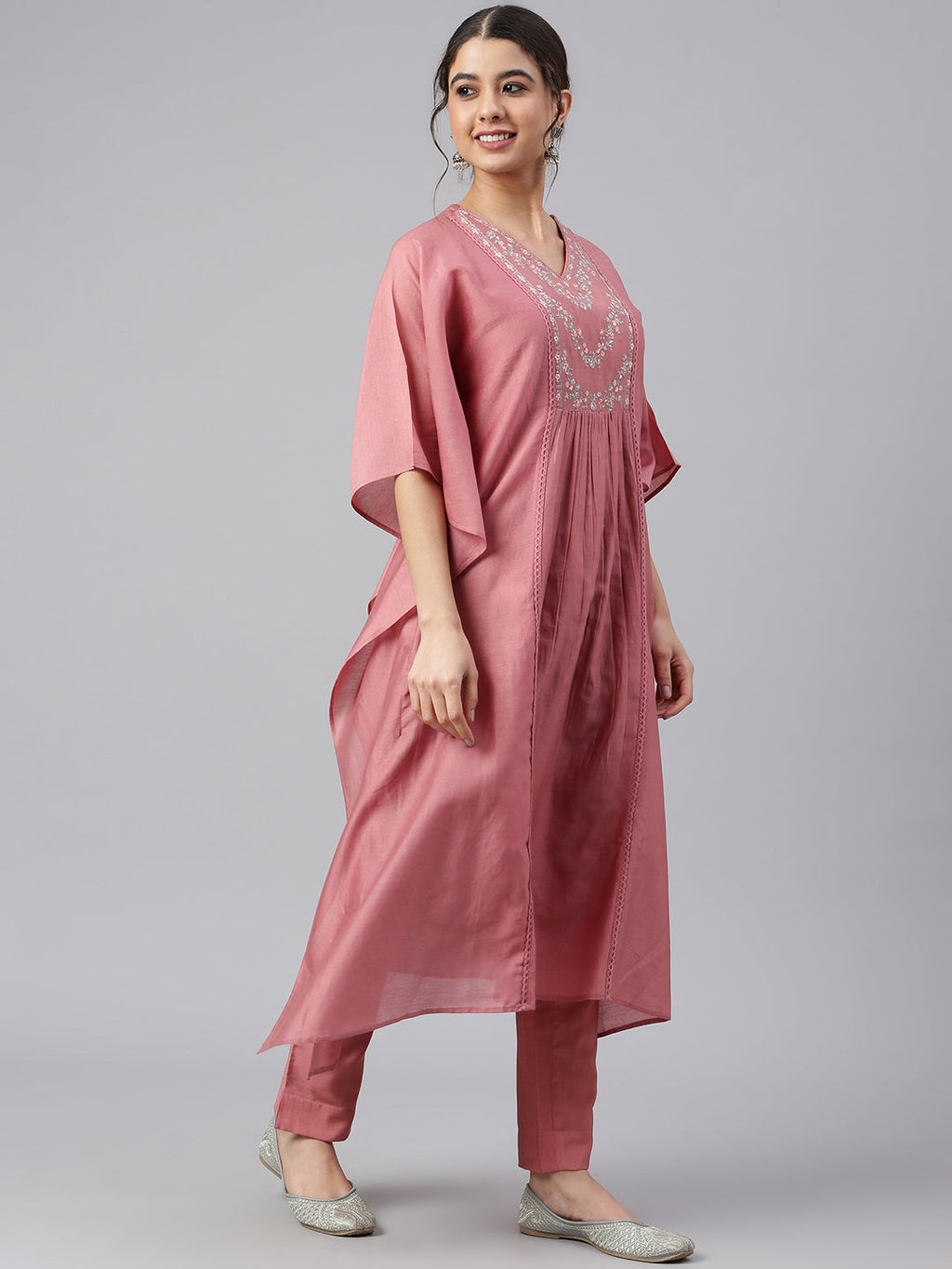 Janasya Women's Rose Red Polyester Solid Kurta With Pant