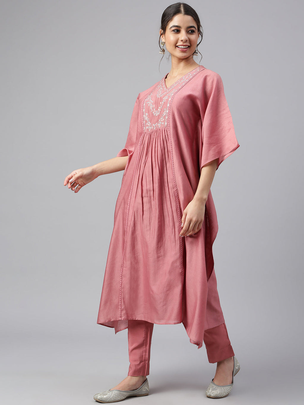 Janasya Women's Rose Red Polyester Solid Kurta With Pant
