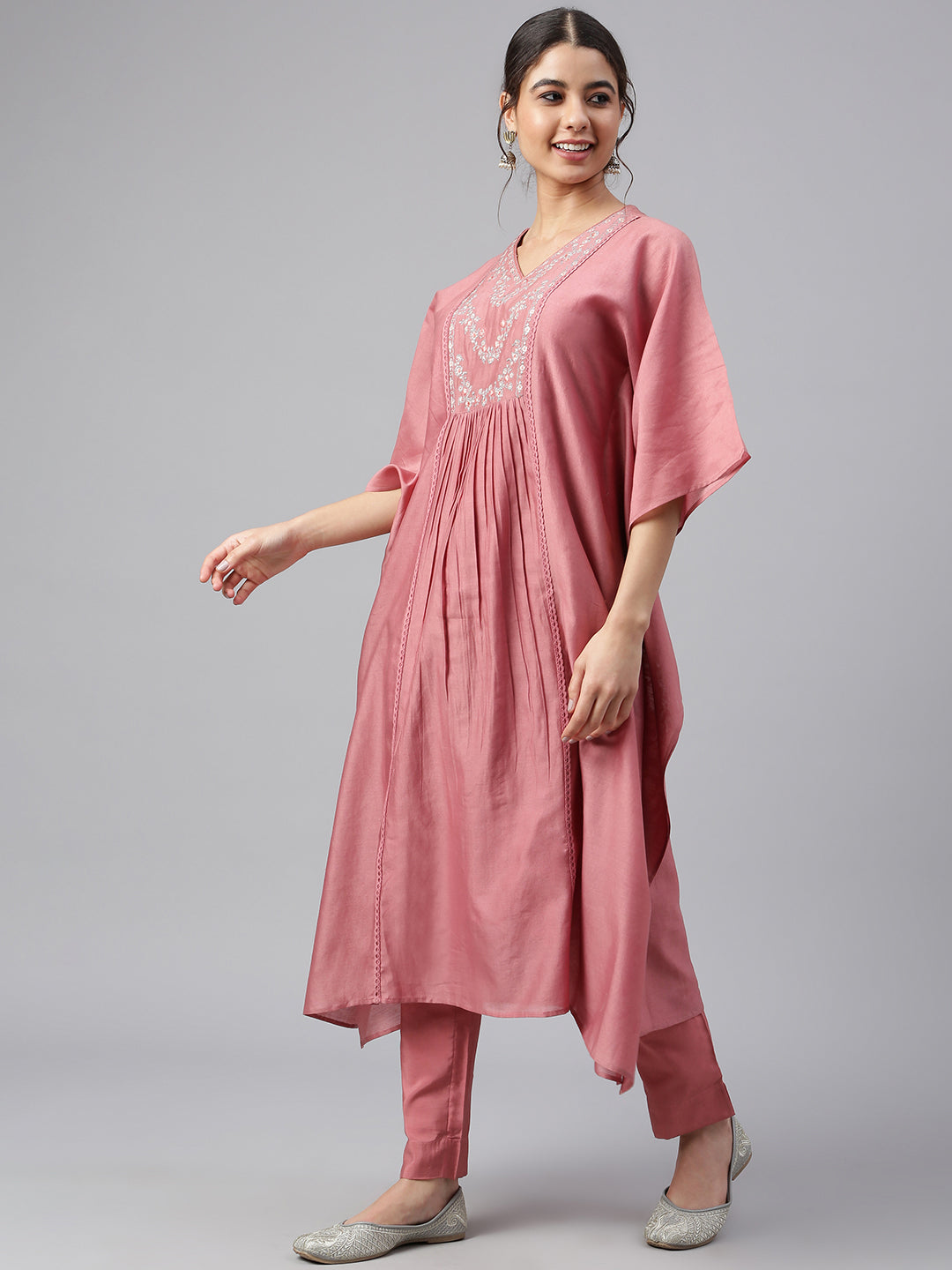 Janasya Women's Rose Red Polyester Solid Kurta With Pant