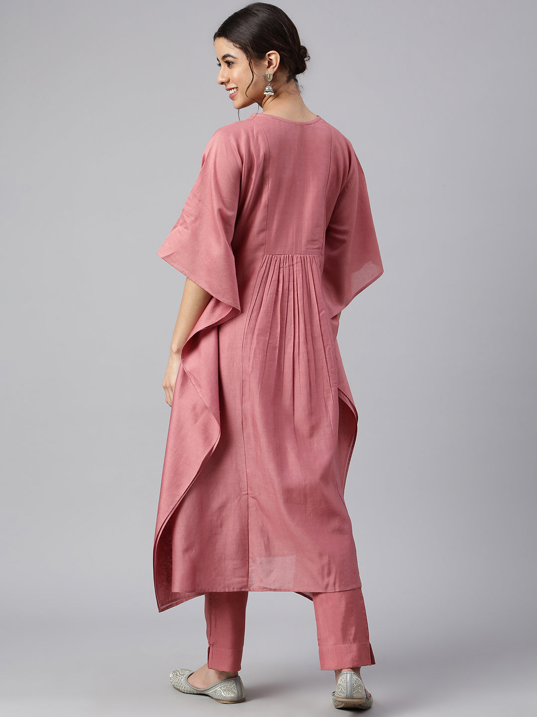 Janasya Women's Rose Red Polyester Solid Kurta With Pant