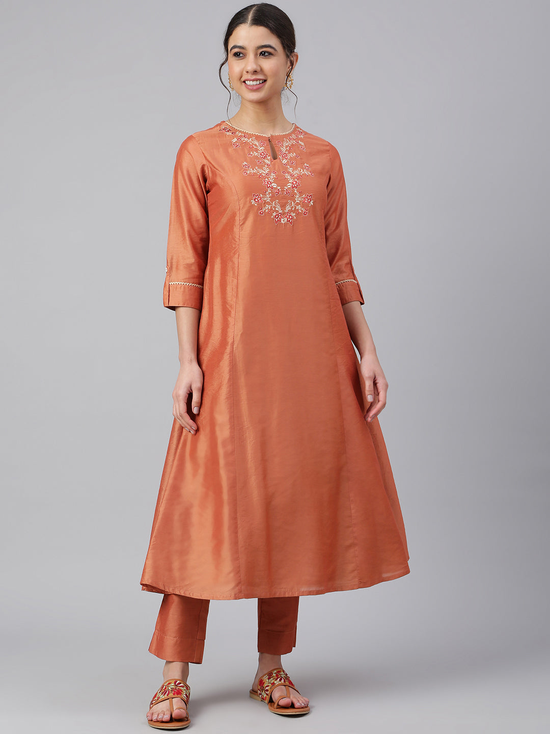 Janasya Women's Rust Orange Poly Silk Embroidered Kurta With Pant