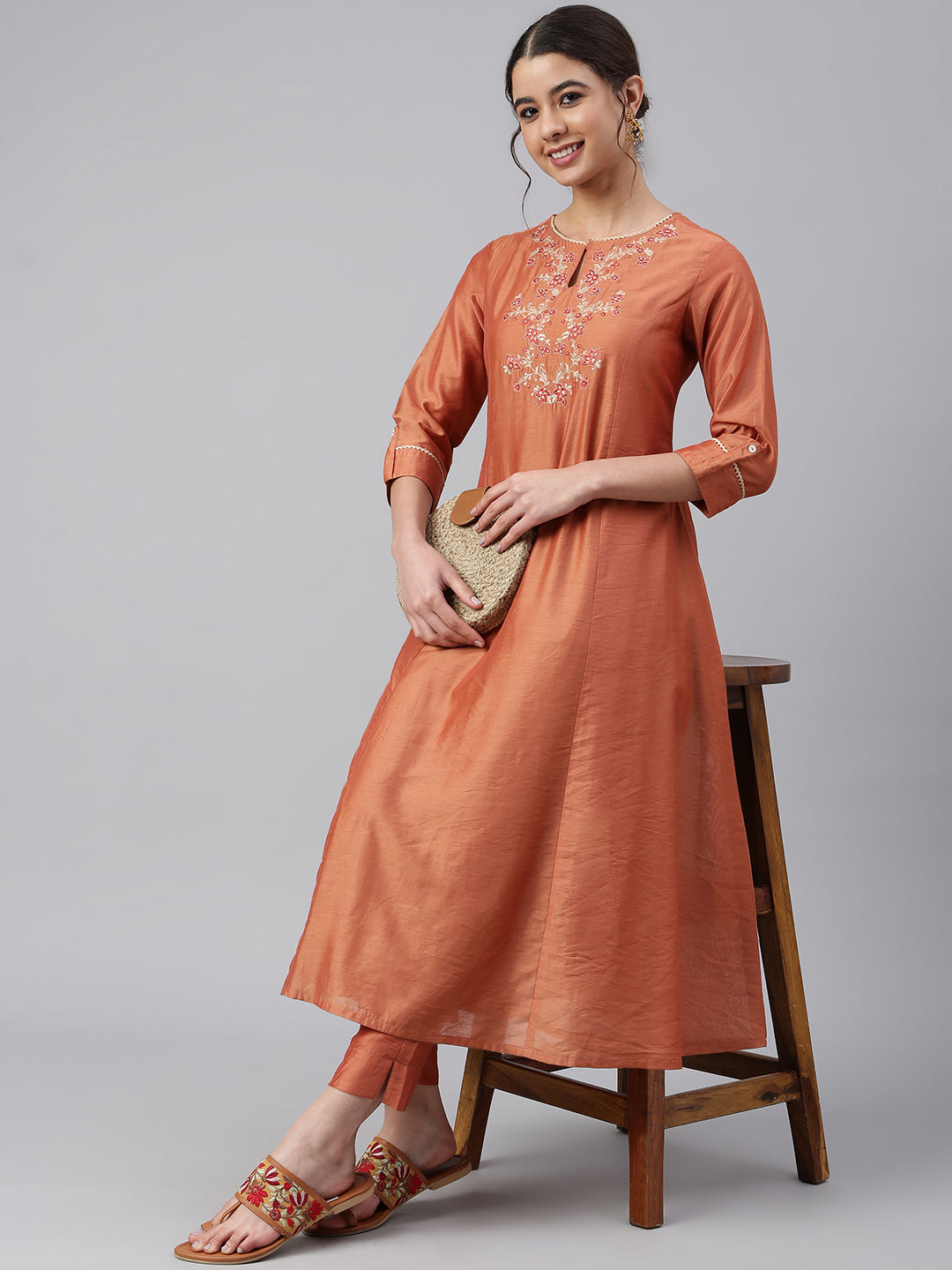 Janasya Women's Rust Orange Poly Silk Embroidered Kurta With Pant