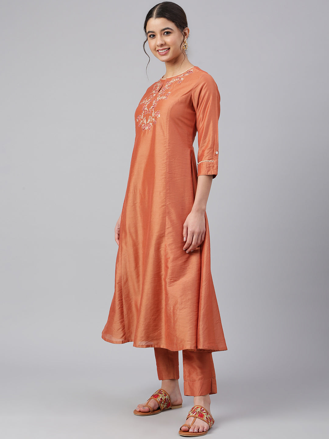 Janasya Women's Rust Orange Poly Silk Embroidered Kurta With Pant