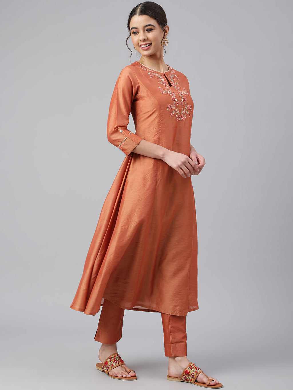 Janasya Women's Rust Orange Poly Silk Embroidered Kurta With Pant