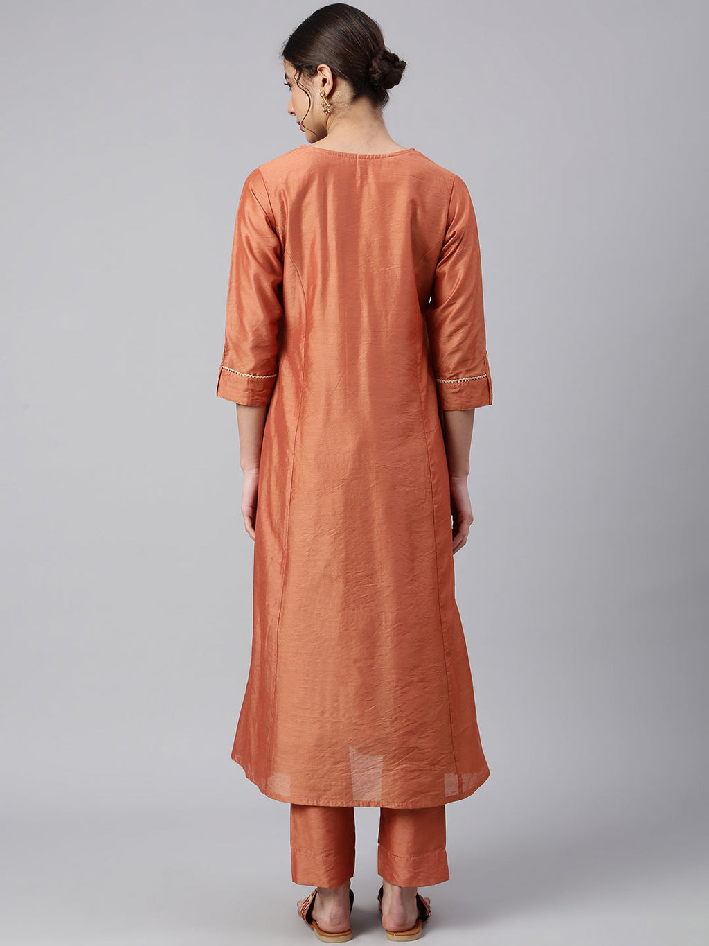 Janasya Women's Rust Orange Poly Silk Embroidered Kurta With Pant
