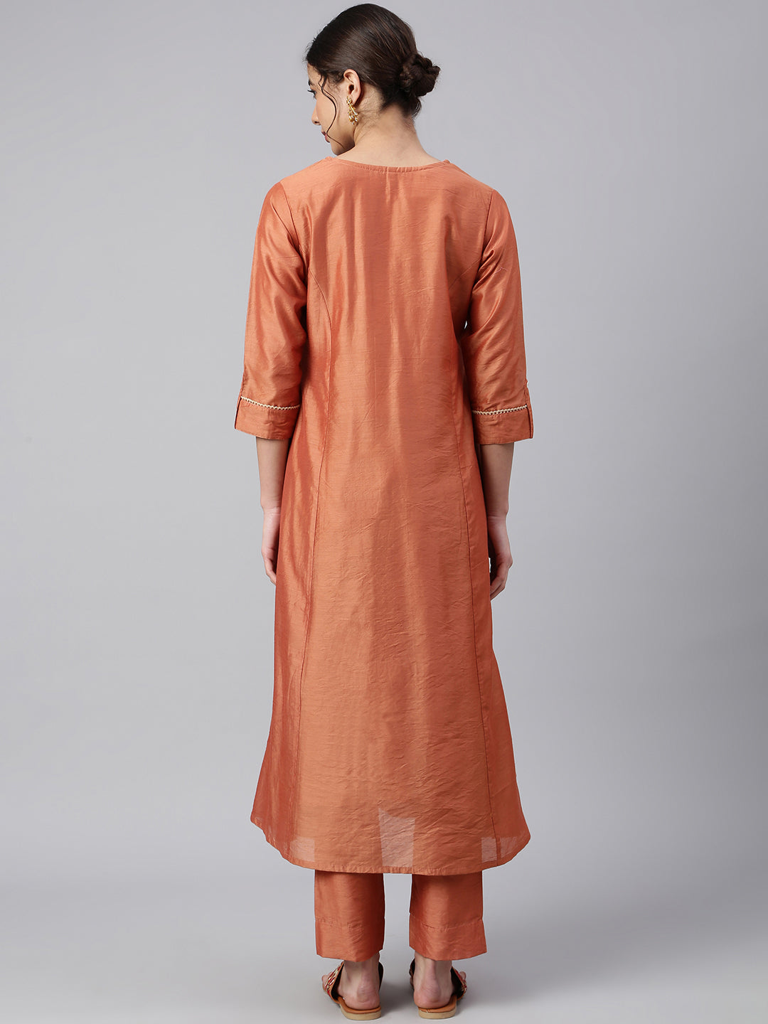 Janasya Women's Rust Orange Poly Silk Embroidered Kurta With Pant