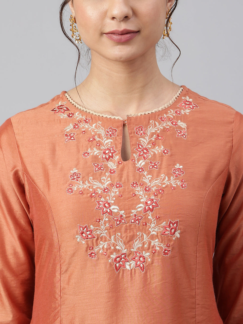 Janasya Women's Rust Orange Poly Silk Embroidered Kurta With Pant