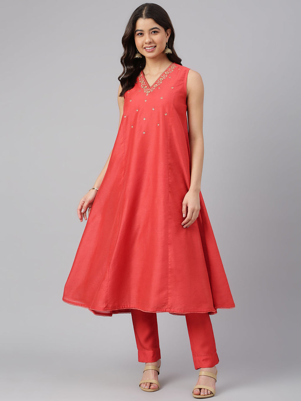 Janasya Women's Red Art Silk Solid Kurta With Pant