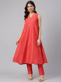 Janasya Women's Red Art Silk Solid Kurta With Pant