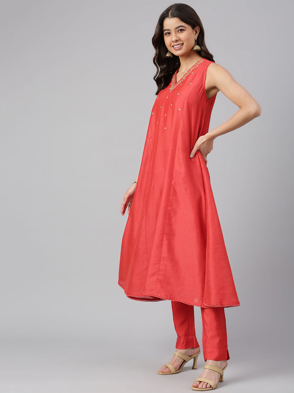 Janasya Women's Red Art Silk Solid Kurta With Pant