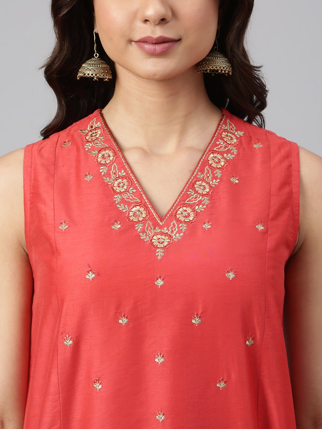 Janasya Women's Red Art Silk Solid Kurta With Pant