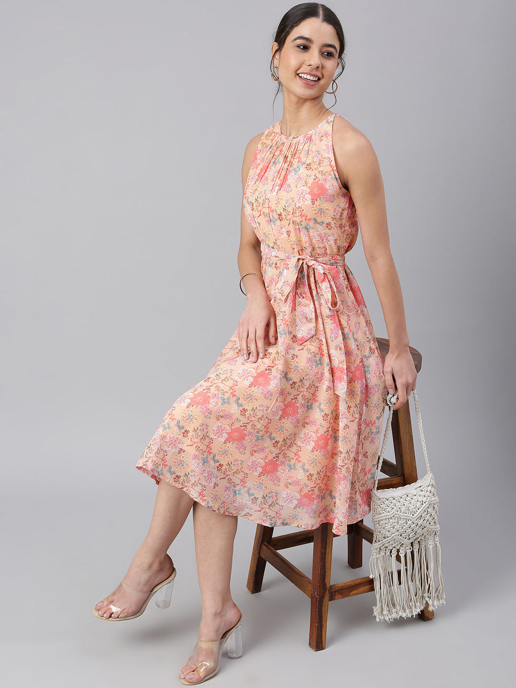 Janasya Women's Peach Georgette Floral Printed A-line Western Dress