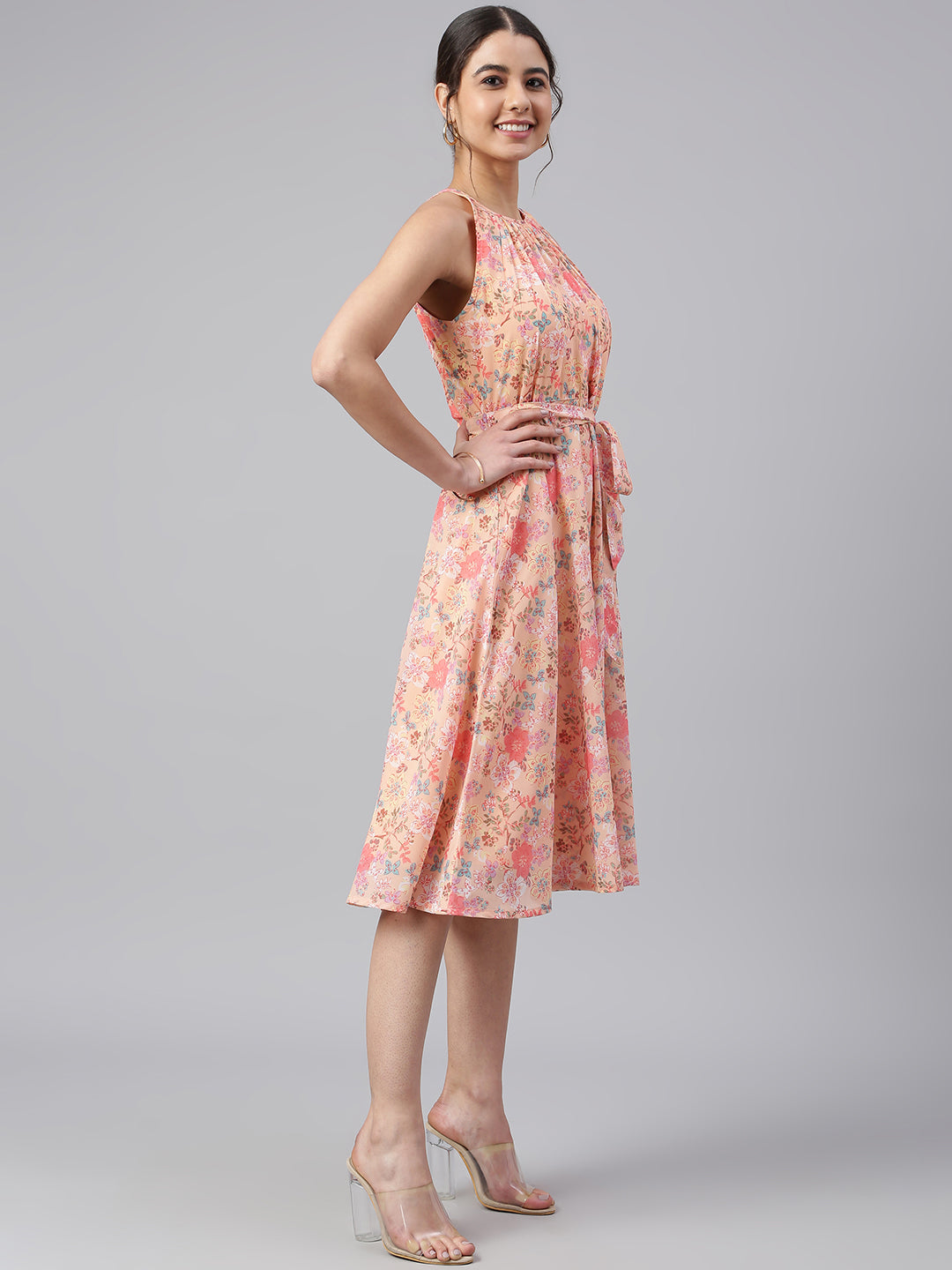 Janasya Women's Peach Georgette Floral Printed A-line Western Dress