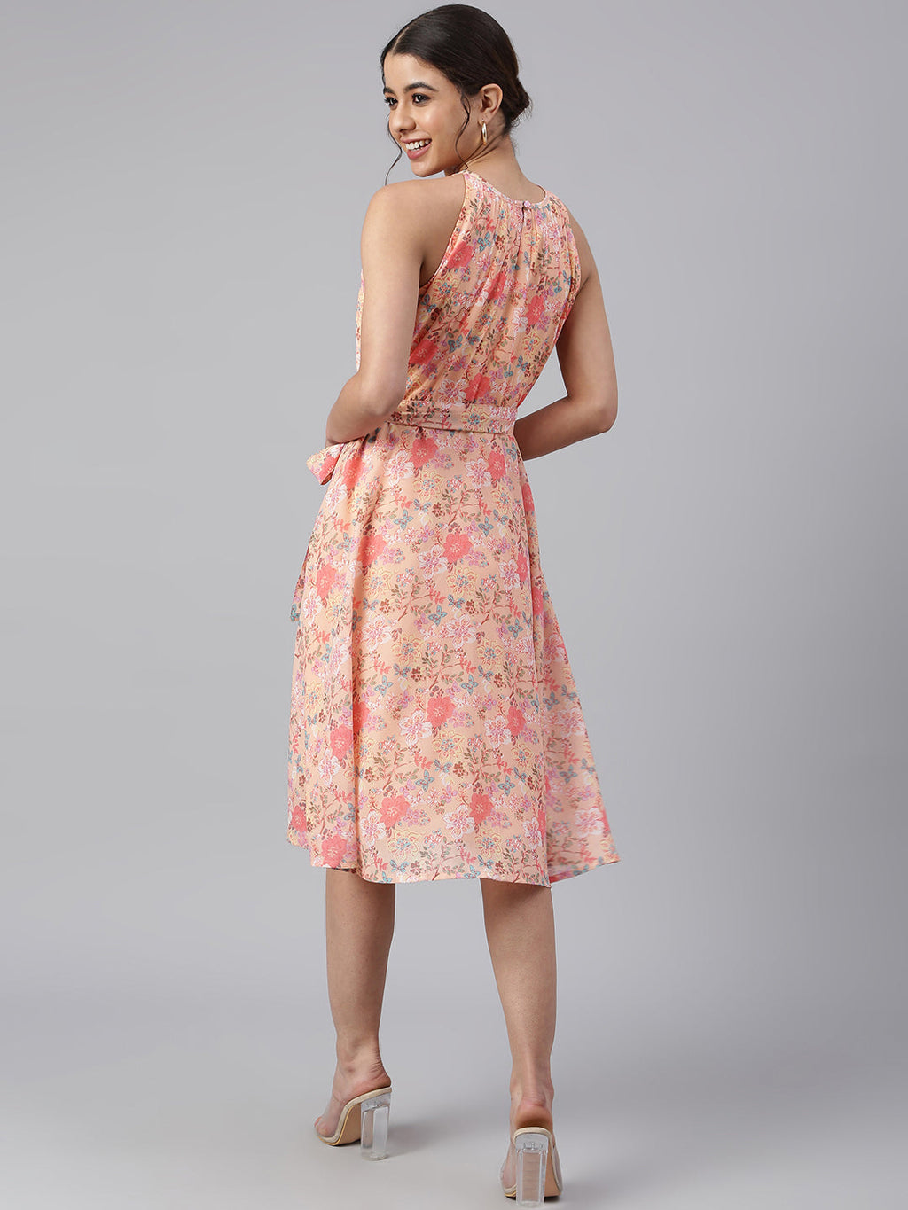 Janasya Women's Peach Georgette Floral Printed A-line Western Dress