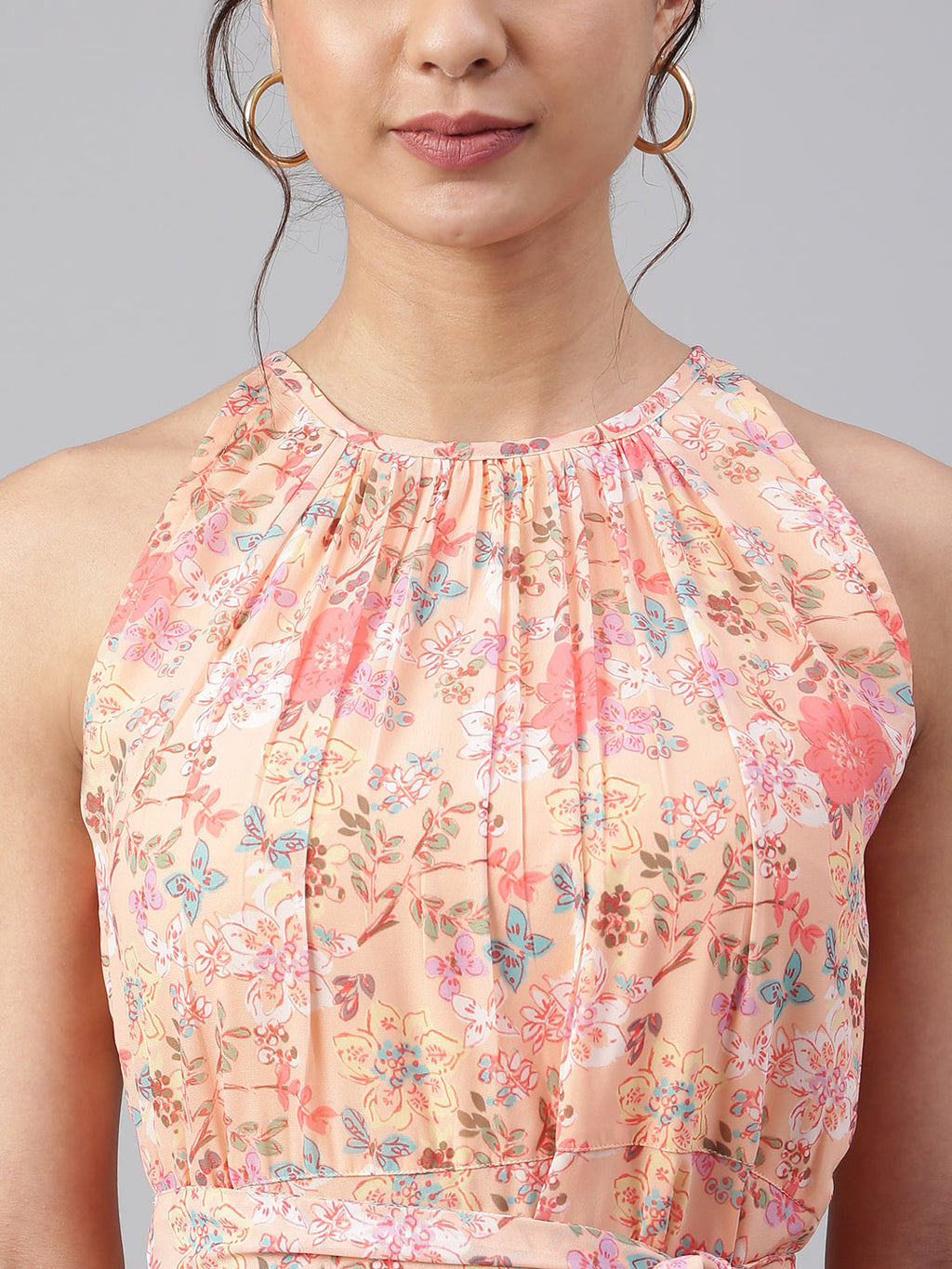 Janasya Women's Peach Georgette Floral Printed A-line Western Dress