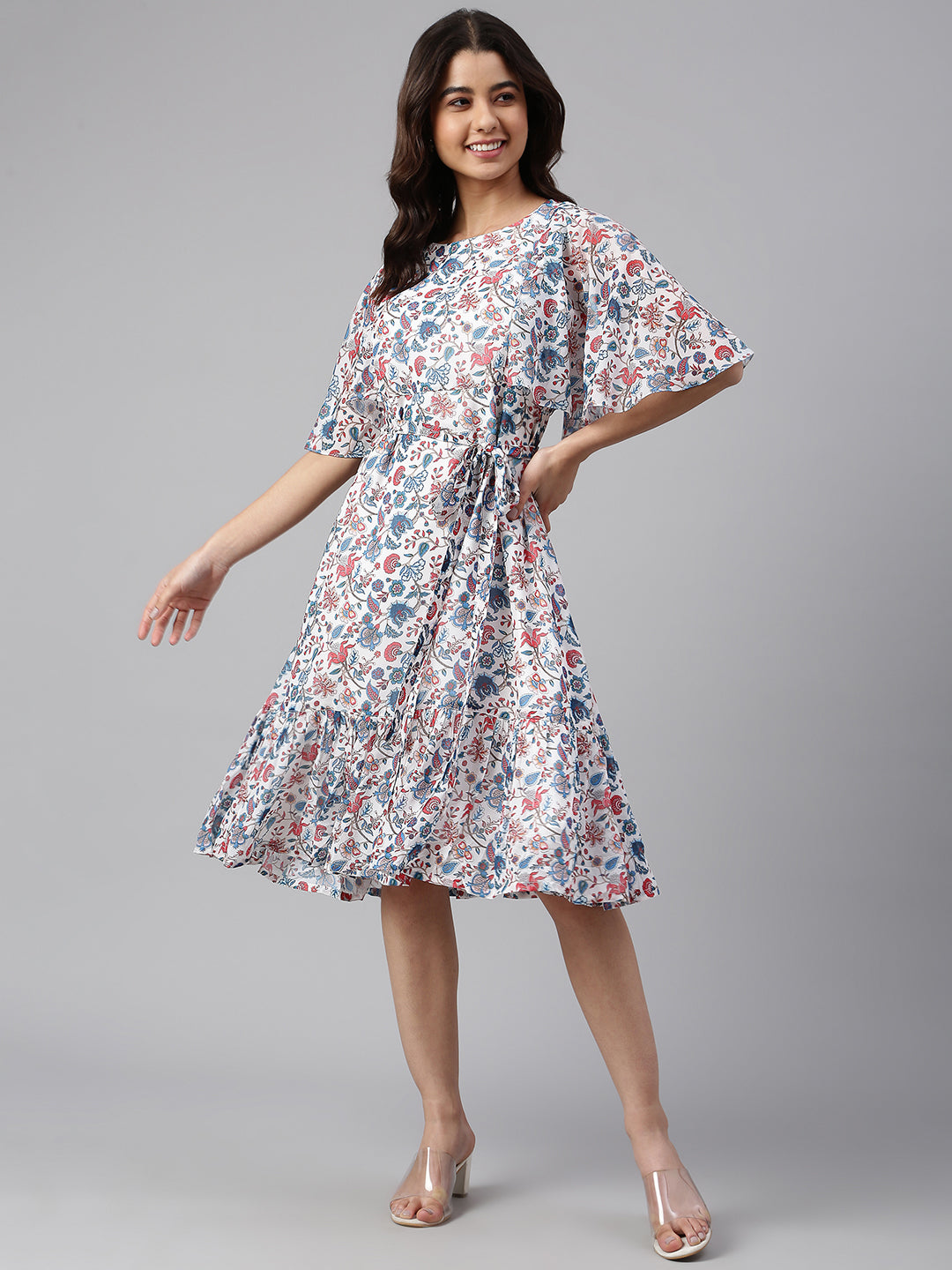 Janasya Women's White Georgette Floral Printed Flared Western Dress