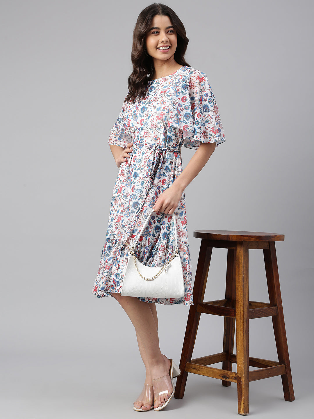 Janasya Women's White Georgette Floral Printed Flared Western Dress