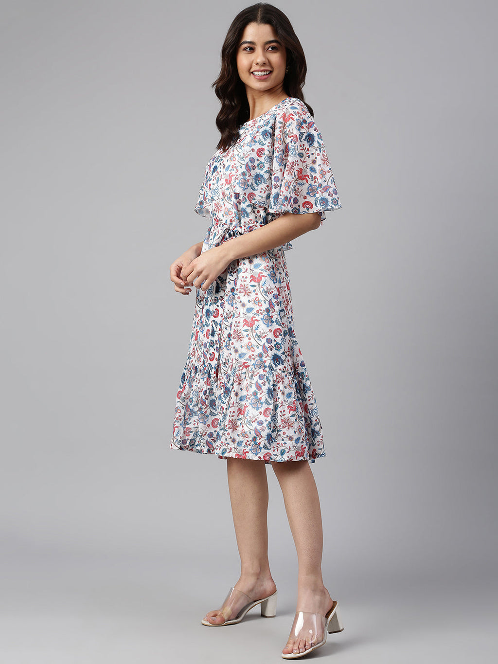 Janasya Women's White Georgette Floral Printed Flared Western Dress