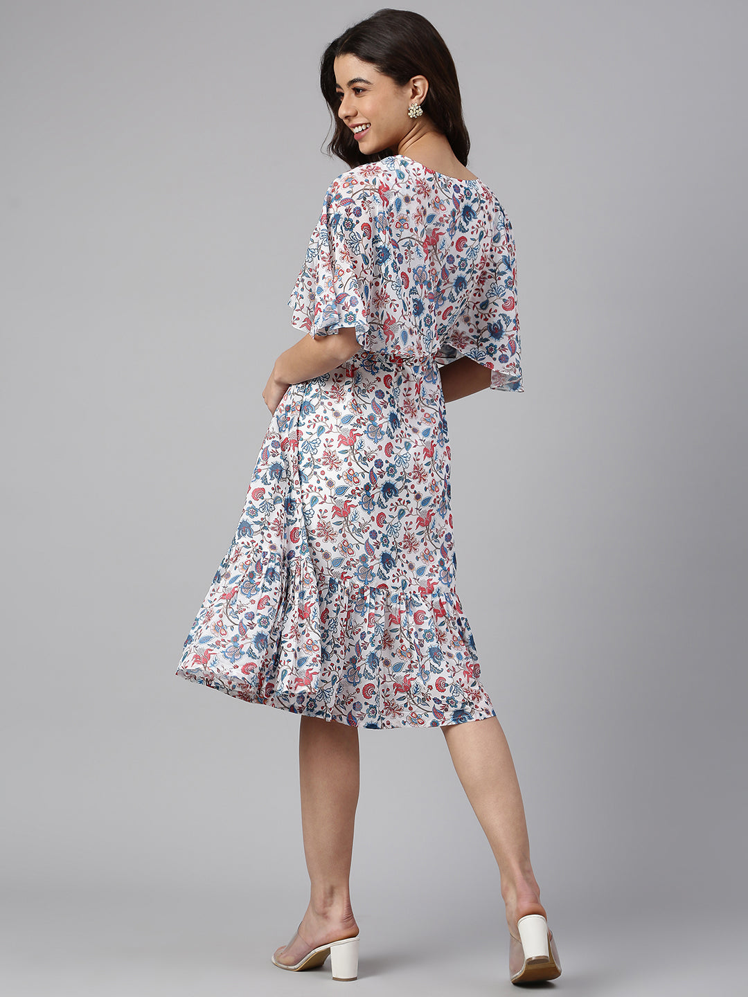 Janasya Women's White Georgette Floral Printed Flared Western Dress