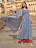 Janasya Women's Blue Georgette Floral Print Kurta With Flared Palazzo And Dupatta
