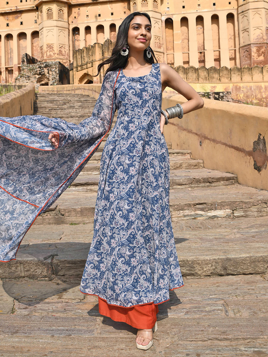 Janasya Women's Blue Georgette Floral Print Kurta With Flared Palazzo And Dupatta